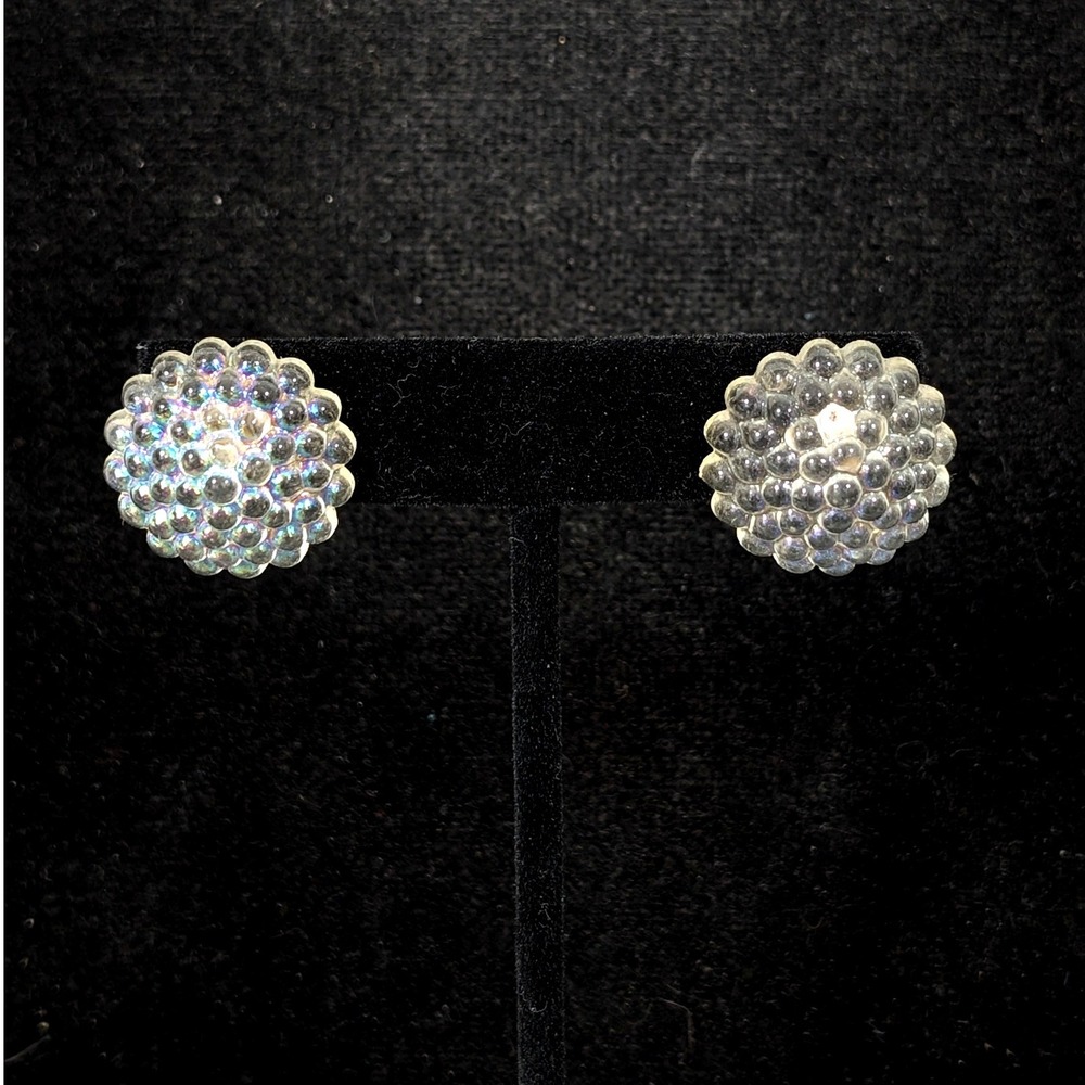 Vintage Lucite Dome Earrings Iridescent Sparkle Pierced‎ Unsigned